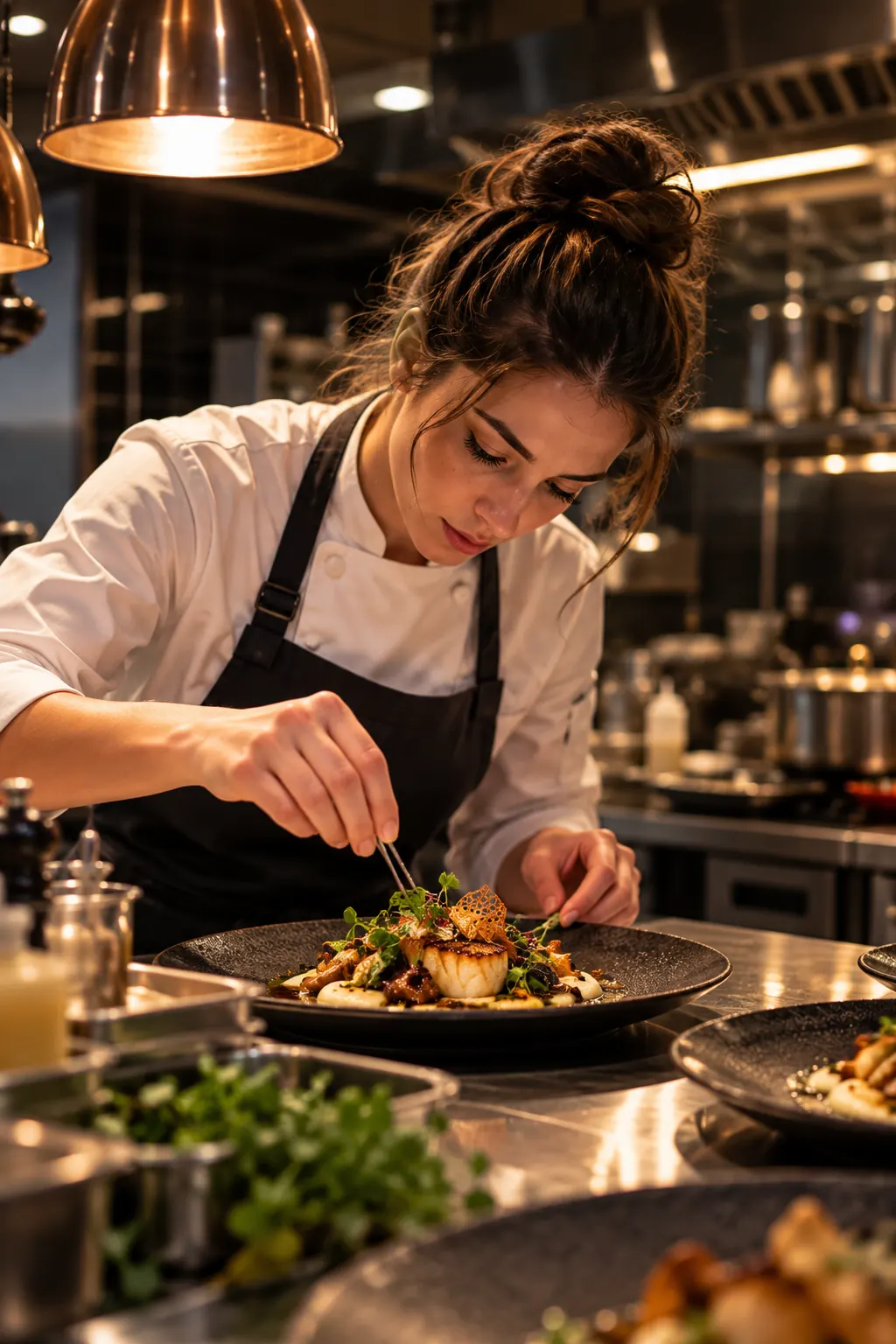 La cheffe dresse une assiette en cuisine