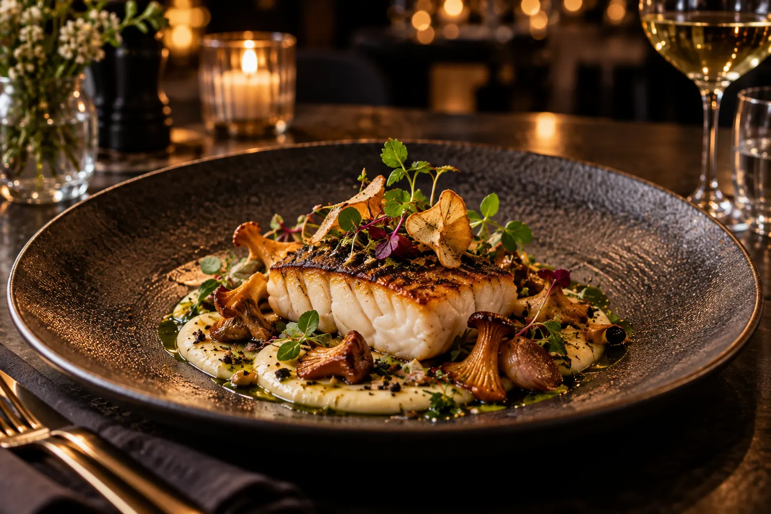 Assiette gastronomique dressée sur une table en bois, lumière tamisée