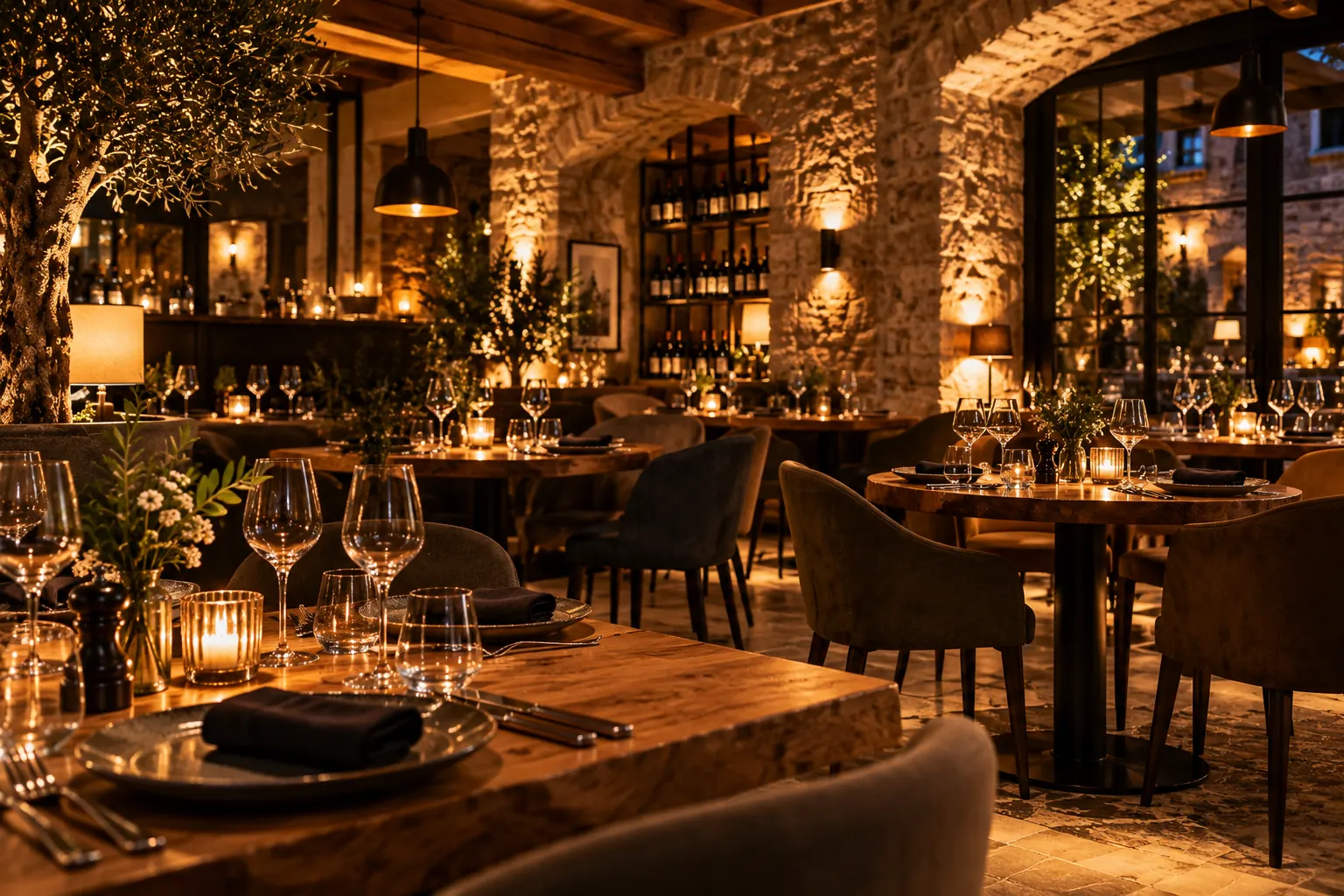 La salle du restaurant, tables dressées