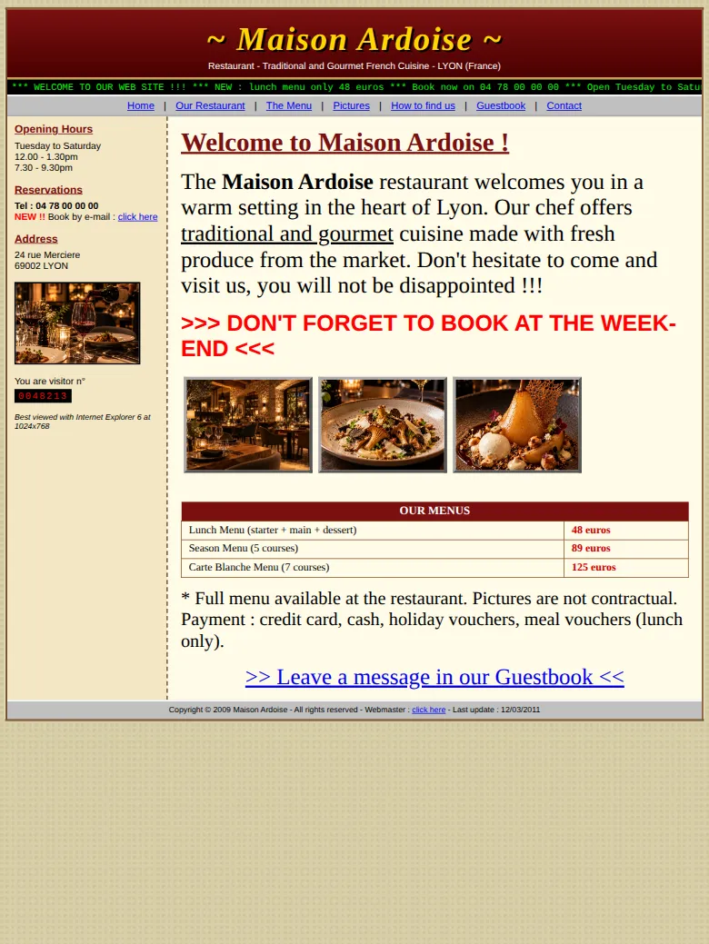 Before: a dated, hard-to-read restaurant website